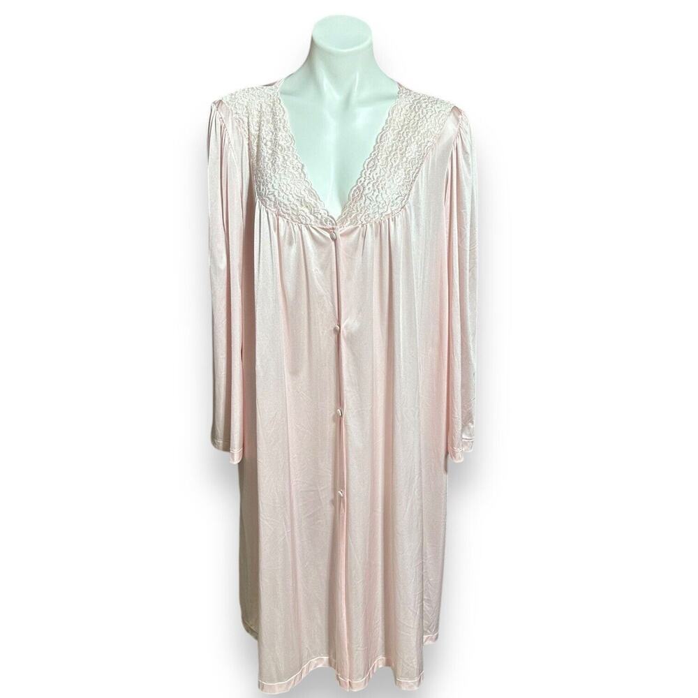 Vanity Fair Peignoir Robe Night Gown Vtg Silky Pink Embroidered Lace 70s XL USA